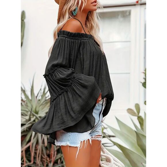 Ruched Spaghetti Strap Blouse Cold Shoulder Blouse Black Size 14 - Picture 5 of 10